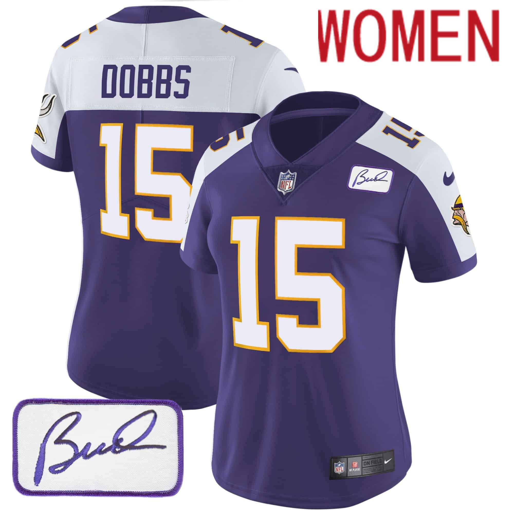 Women Minnesota Vikings 15 Dobbs Purple 2024 Nike Patch Classic Limited NFL Jersey